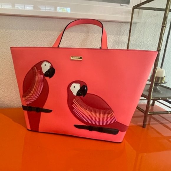 Kate Spade Talk The Talk leather parrot pink black red tote bag tropical tote - Picture 3 of 11